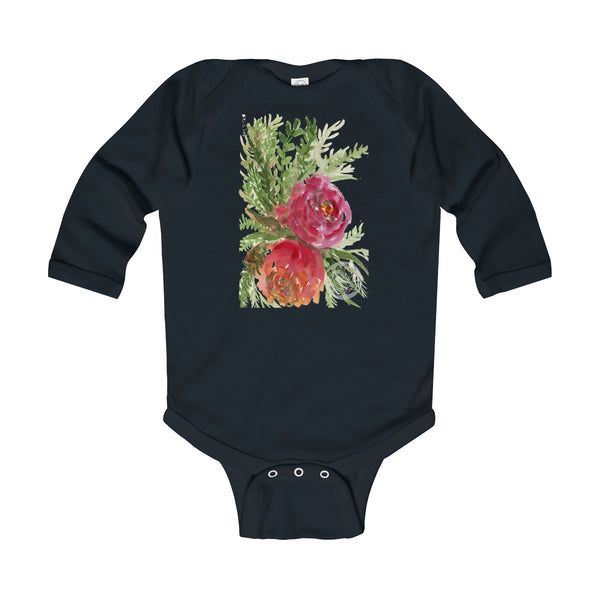 Floral Red Orange Rose Infant Long Sleeve Bodysuit - Made in UK (UK Size: 6M-24M)-Kids clothes-Black-12M-Heidi Kimura Art LLC
