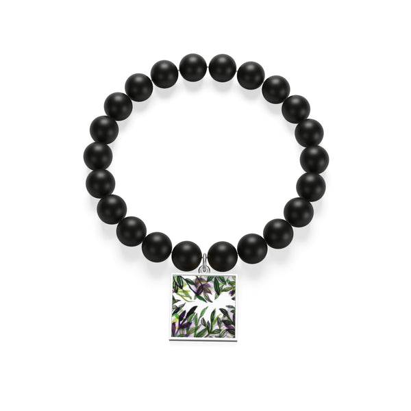 Green Tropical Leave Print Unisex Matte Onyx Bracelet- Made in USA-Bracelet-indigotile-Silver-Heidi Kimura Art LLC