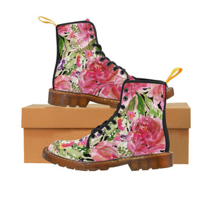 Cute Pink Floral Women's Boots, Pink Rose Floral Print Girlie Premium Designer Women's Winter Lace-up Toe Cap Hiking Boots For Ladies (US Size: 6.5-11) Floral Boots, Hot Pink Shoes, Women's Boots, Floral Canvas Boots For Women, Women's Boots Floral, Floral Boots and Shoes, Floral Boots Womens