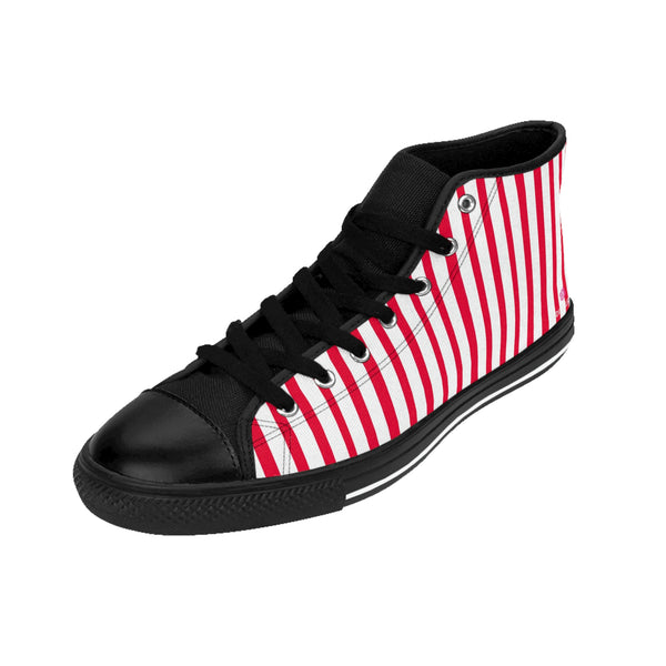 Red Striped Men's High-top Sneakers, Red White Modern Stripes Men's High Tops, High Top Striped Sneakers, Striped Casual Men's High Top For Sale, Fashionable Designer Men's Fashion High Top Sneakers, Tennis Running Shoes (US Size: 6-14)