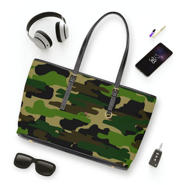 Green Camo Tote Bag, PU Leather Shoulder Hand Work Bag