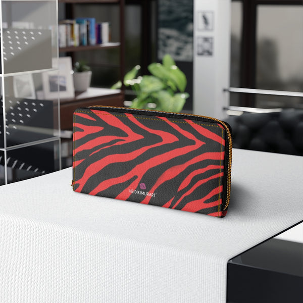 Red Black Zebra Print Wallet, Best Zebra Striped Animal Print Best 7.87" x 4.33" Luxury Cruelty-Free Faux Leather Women's Wallet & Purses Compact High Quality Nylon Zip & Metal Hardware, Luxury Long Wallet Card Cases For Women