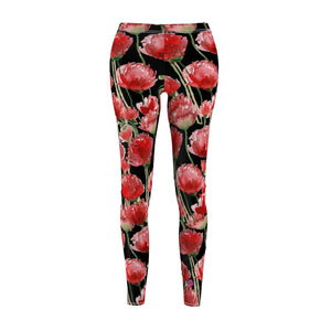 Black Poppy Floral Casual Tights, Women's Floral Casual Leggings