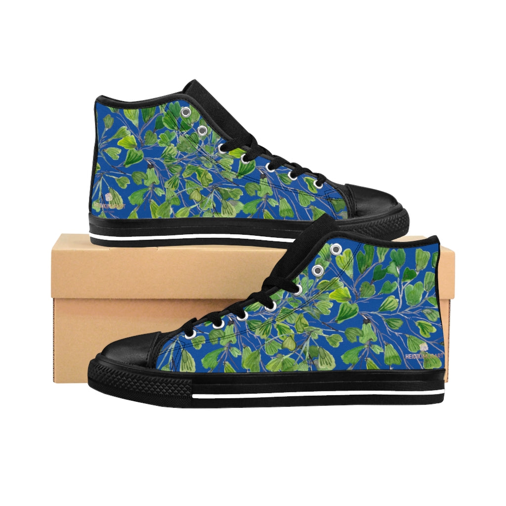 Blue Fern Men's High-top Sneakers, Green Cute Maidenhair Leaf Print Designer Men's High-top Sneakers Running Tennis Shoes, Fern Leaves Designer High Tops, Mens Floral Shoes, Tropical Leaf Print Sneakers (US Size: 6-14)