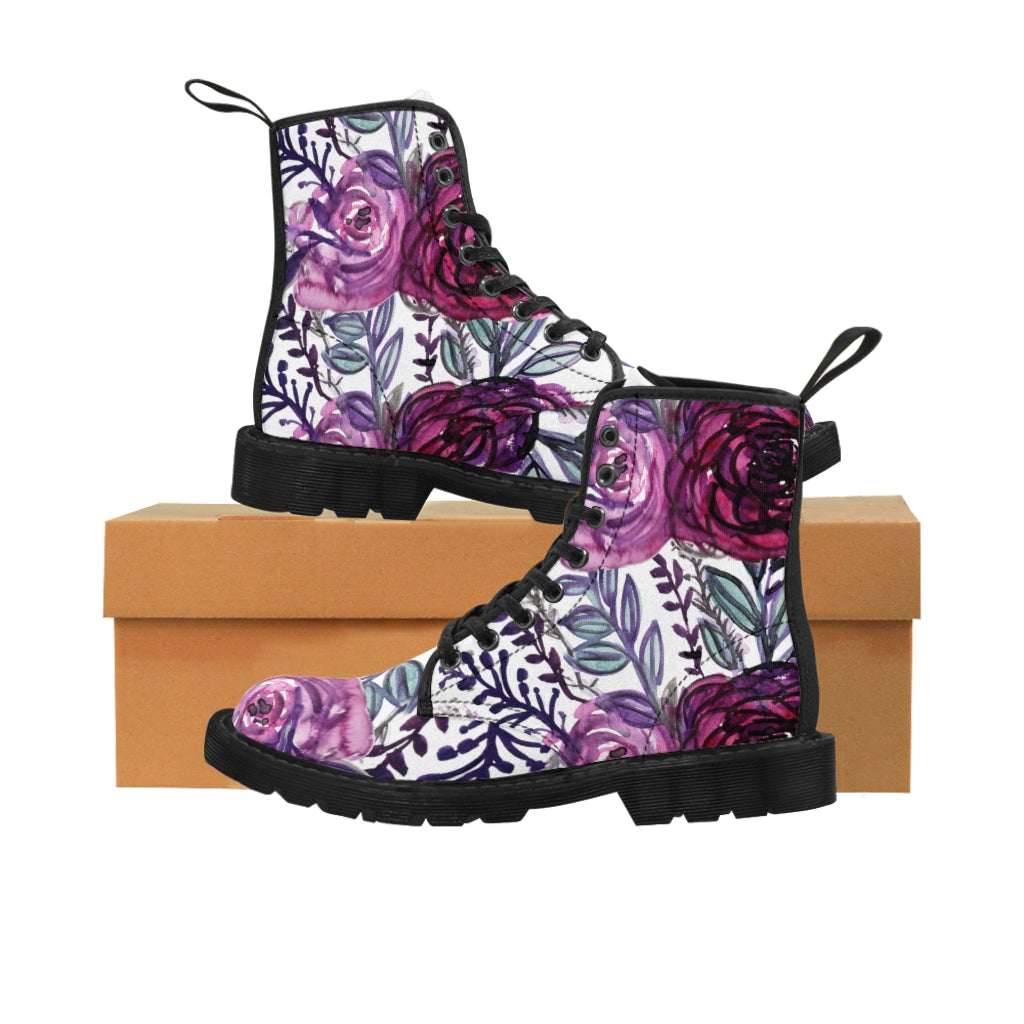 Purple Rose Floral Women's Boots, Flower Printed Best Cute Chic Best Flower Printed Elegant Feminine Casual Fashion Gifts, Flower Rose Print Shoe, Combat Boots, Designer Women's Winter Lace-up Toe Cap Hiking Boots Shoes For Women (US Size 6.5-11)