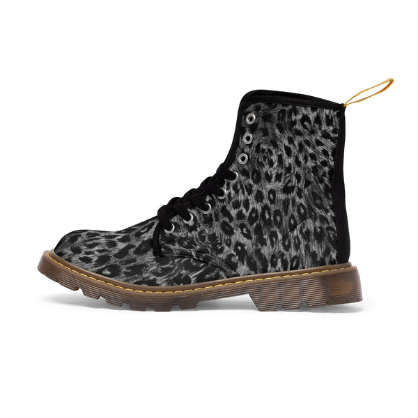 Black Leopard Women's Canvas Boots, Best Black Grey Leopard Animal Print Designer Women's Winter Lace-up Toe Cap Hiking Boots Shoes For Women (US Size 6.5-11)