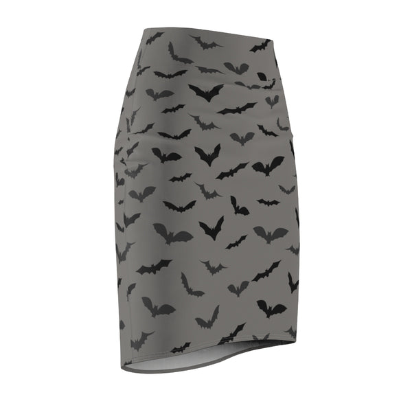 Gray Black Office Halloween Party Bats Women's Pencil Skirt- Made in USA(Size: XS-2XL)-Pencil Skirt-Heidi Kimura Art LLC
