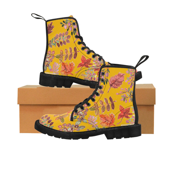 Yellow Fall Leaves Women's Boots, Autumn Fall Leaves Print Women's Boots, Combat Boots, Designer Women's Winter Lace-up Toe Cap Hiking Boots Shoes For Women (US Size 6.5-11) Fall Leaves Fashion Canvas Shoes, Fall Leaves Print Winter Boots, Autumn Leaves Printed Boots For Ladies, Colorful Boots For Women