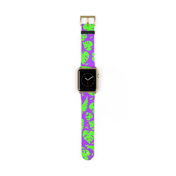Purple Green Tropical Leaf Print 38mm/42mm Watch Band For Apple Watch- Made in USA-Watch Band-Heidi Kimura Art LLC