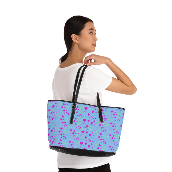 Blue Pink Hearts Tote Bag, PU Leather Shoulder Hand Work Bag