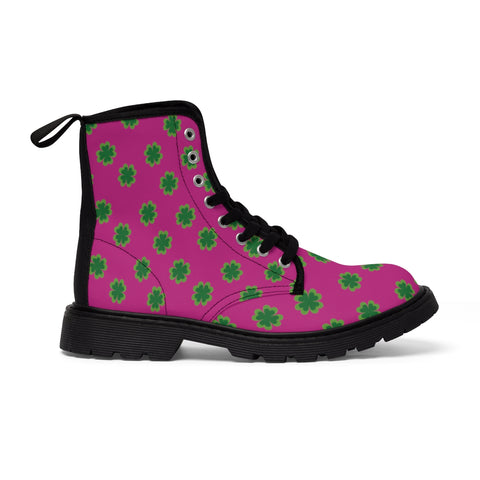 Pink Clover Men Hiker Boots, St. Patty's Day Irish Style Green Clover Print Lace Up Combat Canvas Boots Shoes For Men, Best Combat Work Hunting Laced Up Hiking Boots, Anti Heat + Moisture Designer Men's Winter Boots Hiking Shoes (US Size: 7-10.5)