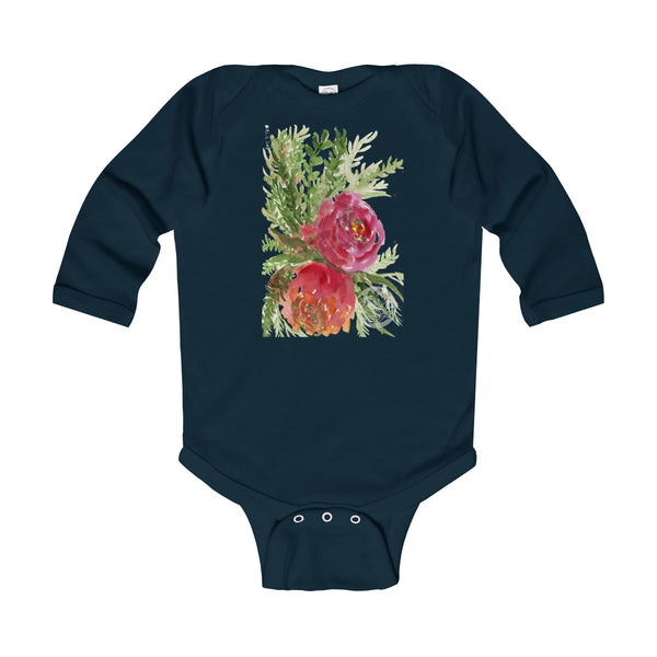 Floral Red Orange Rose Infant Long Sleeve Bodysuit - Made in UK (UK Size: 6M-24M)-Kids clothes-Navy-12M-Heidi Kimura Art LLC