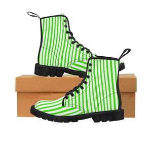 Green Striped Women's Canvas Boots, Modern Vertically Stripes White Green Ladies' Winter Boots-Shoes-Printify-Black-US 9-Heidi Kimura Art LLC Green Striped Women's Canvas Boots, Vertically White Striped Print Designer Women's Winter Lace-up Toe Cap Boots Shoes For Women   (US Size 6.5-11)