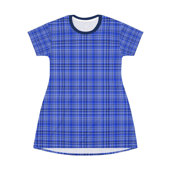 Preppy Blue Plaid Tartan Print Designer Crew Neck Long T-shirt Dress-Made in USA-T-Shirt Dress-Heidi Kimura Art LLC