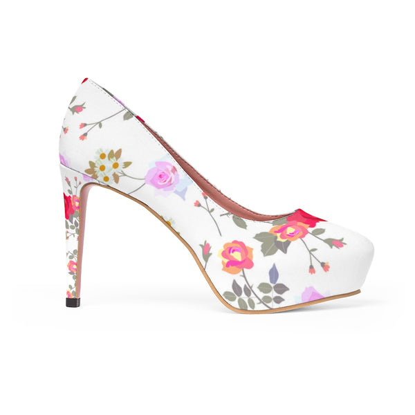 White Mixed Floral Print Designer Women's Platform Heels Platform Heels (US Size: 5-11)-4 inch Heels-Heidi Kimura Art LLC