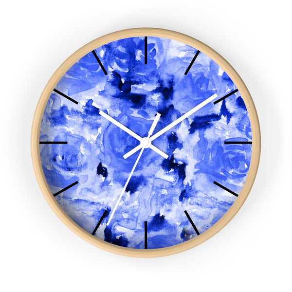 Blue Floral Rose Print Flower Modern 10 inch Diameter Wall Clock - Made in USA-Wall Clock-Wooden-White-Heidi Kimura Art LLC