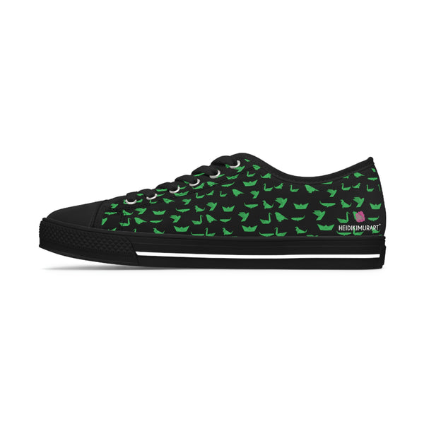 Black Green Cranes Ladies' Sneakers, Women's Low Top Sneakers, Modern Graphics Japanese Style Origami Print Women's Low Top Sneakers Tennis Shoes, Canvas Fashion Sneakers With Durable Rubber Outsoles and Shock-Absorbing Layer and Memory Foam Insoles (US Size: 5.5-12)