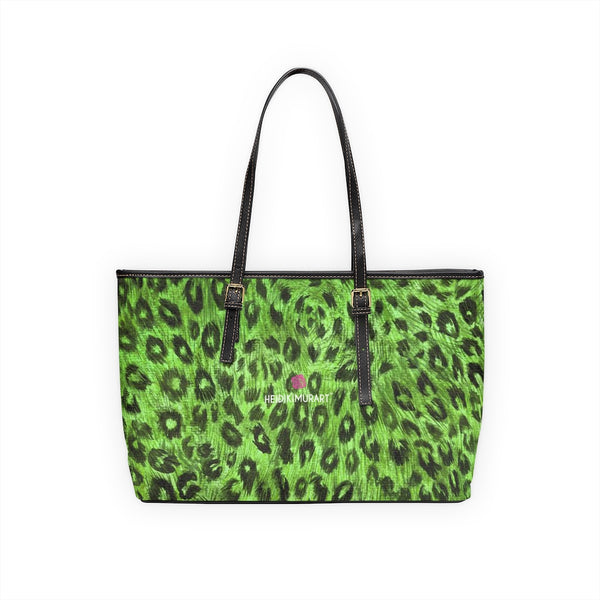 Green Leopard Print Tote Bag, Light Green Best Stylish Leopard Animal Printed PU Leather Shoulder Large Spacious Durable Hand Work Bag 17"x11"/ 16"x10" With Gold-Color Zippers & Buckles & Mobile Phone Slots & Inner Pockets, All Day Large Tote Luxury Best Sleek and Sophisticated Cute Work Shoulder Bag For Women With Outside And Inner Zippers