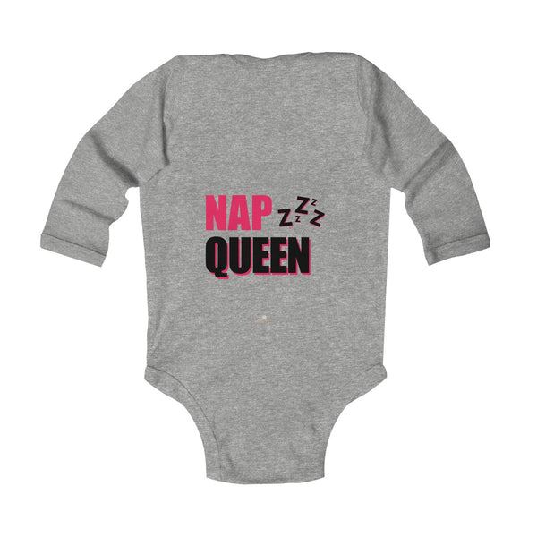 Cute Nap Queen Pink Baby Girls Infant Kids Long Sleeve Bodysuit -Made in USA-Infant Long Sleeve Bodysuit-Heidi Kimura Art LLC