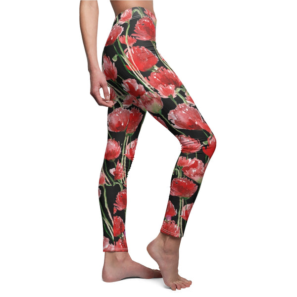 Black Poppy Floral Casual Tights, Women's Floral Casual Leggings