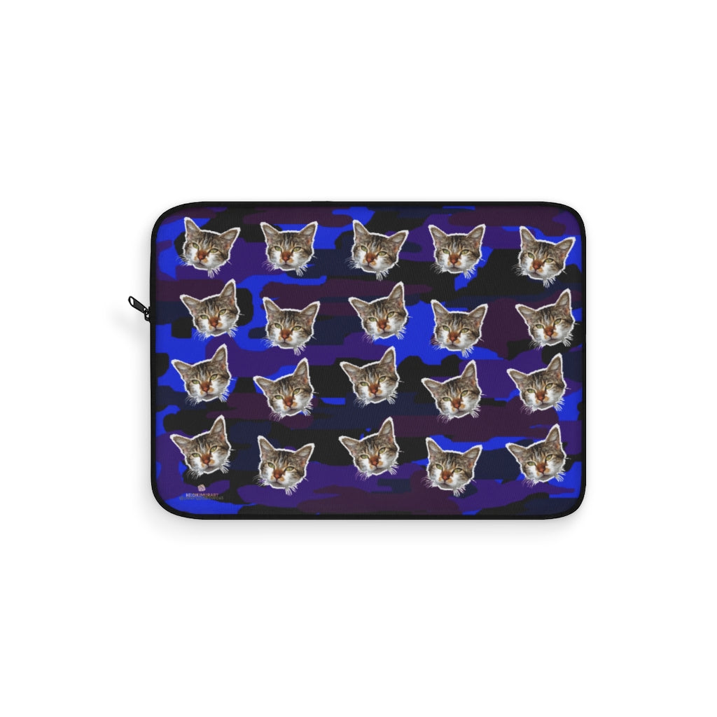 Purple Blue Camo Tiger Stripe Peanut Meow Cat Calico Print 12",13",15" Computer Laptop Sleeve- Made in USA-Laptop Sleeve-15"-Heidi Kimura Art LLC