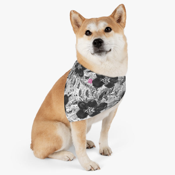 Grey Floral Pet Bandana Collar, Best Flower Print Polyester Pet Bandana Collar With Adjustable Black Collar And Buckle, Easy Essential Designer Pet Fashionable Accessories For Your Cute Animals Dogs or Cats (Size: S, M, L)-Made in USA, Over The Collar Dog Bandana, Dog Collar Scarf, Dog Collar With Bandana Attached, Dog Bandana Collar Cover Pattern Accessories