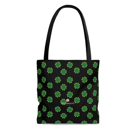 Black Green Clover Print Tote Bag, St. Patrick's Day Irish Style Square Bag- Made in USA-Tote Bag-Large-Heidi Kimura Art LLC