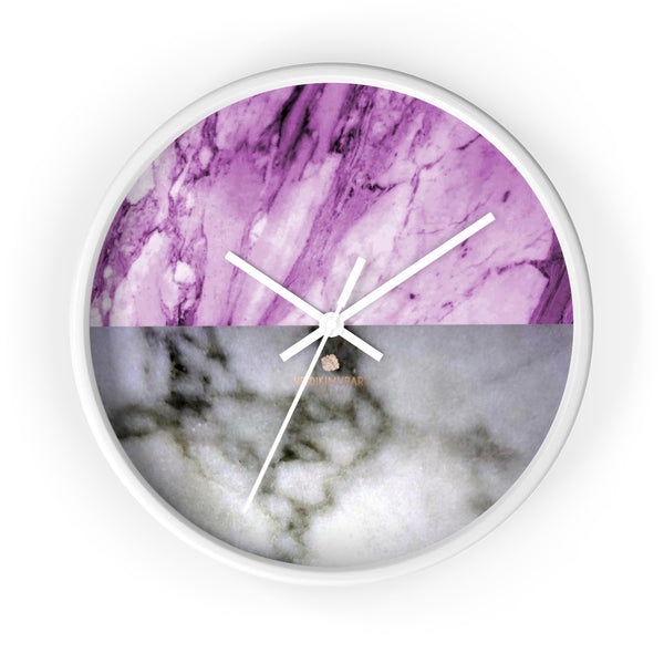 Pink White Marble Print Art Large Indoor Designer 10" dia. Wall Clock-Made in USA-Wall Clock-10 in-White-White-Heidi Kimura Art LLC