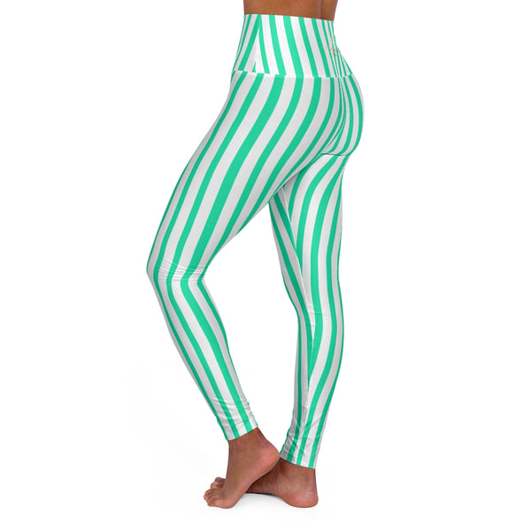 Blue Striped Women's Leggings, Designer Premium Modern High Waisted Yoga Pants-Made in USA-All Over Prints-Printify-2XL-Heidi Kimura Art LLC
