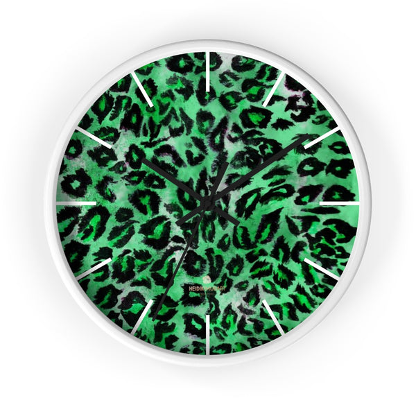 Green Leopard Animal Print Large Unique Indoor Designer Wall Clocks- Made in USA-Wall Clock-10 in-White-Black-Heidi Kimura Art LLC