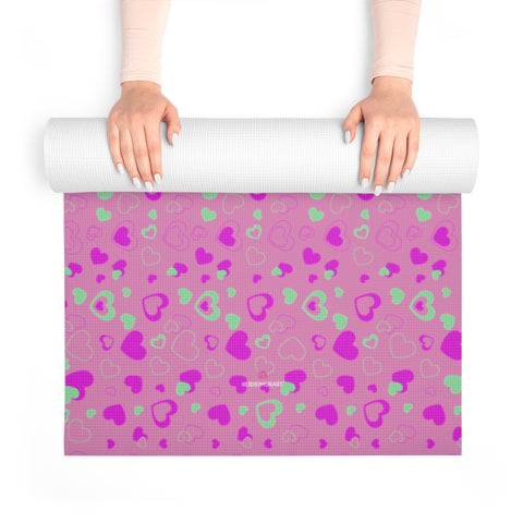 Pink Hearts Foam Yoga Mat, Blue and Pink Hearts Pattern Valentine's Day Special Best Fashion Stylish Lightweight 0.25" thick Best Designer Gym or Exercise Sports Athletic Yoga Mat Workout Equipment - Printed in USA (Size: 24″x72")