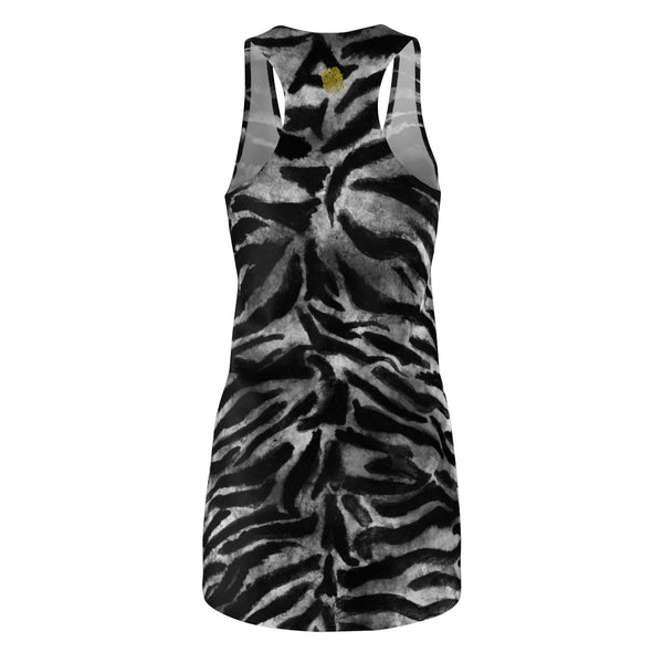 Women's Black Grey Wild Tiger Stripe Animal Print Long Best Racerback Dress, Made in USA-Women's Sleeveless Dress-Heidi Kimura Art LLC