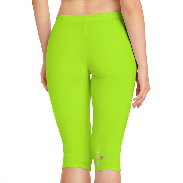 Green Neon Women's Capri Leggings, Modern Essential Solid Color American-Made Best Designer Premium Quality Knee-Length Mid-Waist Fit Knee-Length Polyester Capris Tights-Made in USA (US Size: XS-3XL) Plus Size Available