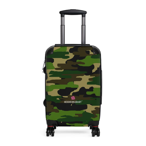 Green Brown Camo Cabin Suitcase, Classic Camouflaged Army Military Print Carry On Polycarbonate Front and Hard-Shell Durable Small 1-Size Carry-on Luggage With 2 Inner Pockets & Built in Lock With 4 Wheel 360° Swivel and Adjustable Telescopic Handle - Made in USA/UK (Size: 13.3" x 22.4" x 9.05", Weight: 7.5 lb) Unique Cute Carry-On Best Personal Travel Bag Custom Luggage - Gift For Him or Her 