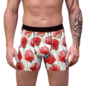 Red Tulips Men's Boxer Briefs, Passionate Floral Print Designer Fashion Underwear For Sexy Gay Men, Men's Gay Erotic Boxer Briefs Elastic Underwear (US Size: XS-3XL) Red Tulips Men's Boxer Briefs, Passionate Floral Print Designer Fashion Underwear For Sexy Gay Men, Men's Gay Fetish Party Erotic Boxer Briefs Elastic Underwear (US Size: XS-3XL)