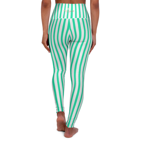 Blue Striped Women's Leggings, Designer Premium Modern High Waisted Yoga Pants-Made in USA-All Over Prints-Printify-Heidi Kimura Art LLC