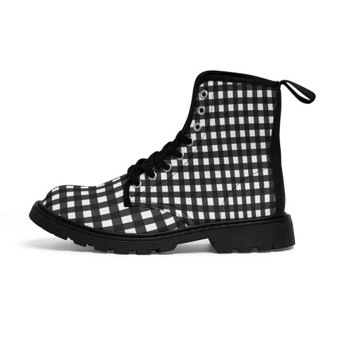 Buffalo Plaid Women's Canvas Boots, Black White Plaid Print Winter Boots For Ladies-Shoes-Printify-Heidi Kimura Art LLC Buffalo Plaid Women's Canvas Boots, Black White Flannel Plaid Print Modern Hiking Boots, Casual Fashion Gifts, High Fashion Combat Boots Shoes, Designer Women's Winter Lace-up Toe Cap Hiking Boots Shoes For Women (US Size 6.5-11)
