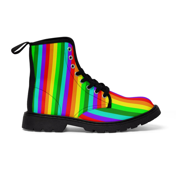 Rainbow Stripe Women's Canvas Boots, Striped Animal Print Winter Boots For Ladies-Shoes-Printify-Heidi Kimura Art LLC Rainbow Stripe Women's Canvas Boots, Striped Modern Gay Pride Modern Essential Casual Fashion Hiking Boots, Canvas Hiker's Shoes For Mountain Lovers, Stylish Premium Combat Boots, Designer Women's Winter Lace-up Toe Cap Hiking Boots Shoes For Women (US Size 6.5-11)