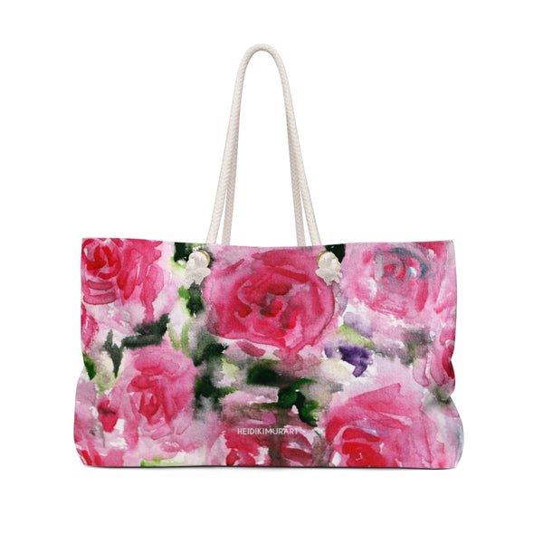 Pink Rose Floral Tote Bag, Rosy Pink Floral Print Oversized Designer 24"x13" Large Size Market Tote Weekender Bag - Made in USA