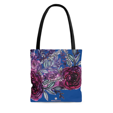 Navy Blue Purple Tote Bag, Purple Rose Flower Floral Print Designer Women's Tote Bag - Made in USA (Size: 13"x13", 16"x16", 18"x18")