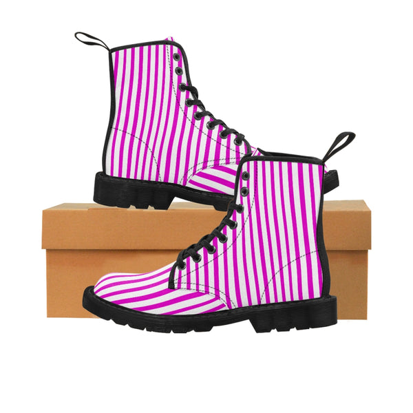 Pink Striped Women's Canvas Boots, Best Hot Pink White Stripes Winter Boots For Ladies-Shoes-Printify-Black-US 8.5-Heidi Kimura Art LLC