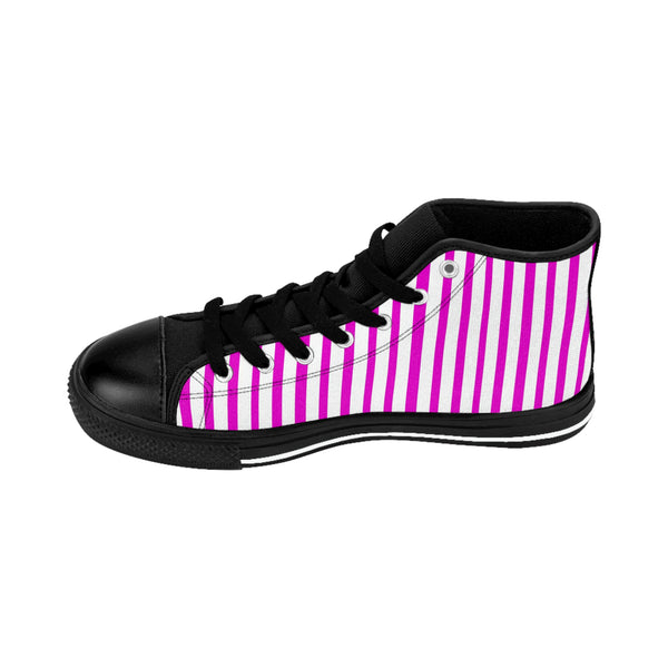 Pink Striped Men's High-top Sneakers, Pink White Modern Stripes Men's High Tops, High Top Striped Sneakers, Striped Casual Men's High Top For Sale, Fashionable Designer Men's Fashion High Top Sneakers, Tennis Running Shoes (US Size: 6-14)