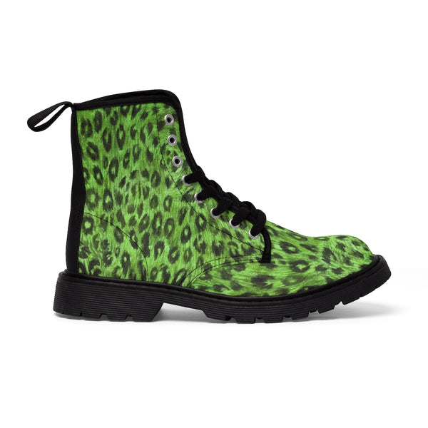 Green Leopard Men Hiker Boots, Designer Animal Print Men's Canvas Laced Up Best Boots