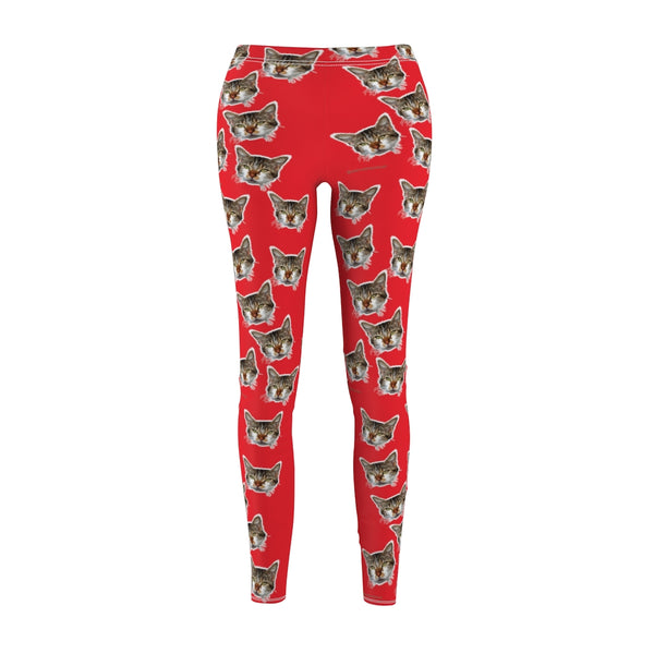 Red Brown Peanut Meow Cat Cute Calico Print Women's Fancy Casual Leggings- Made in USA-All Over Prints-Heidi Kimura Art LLC