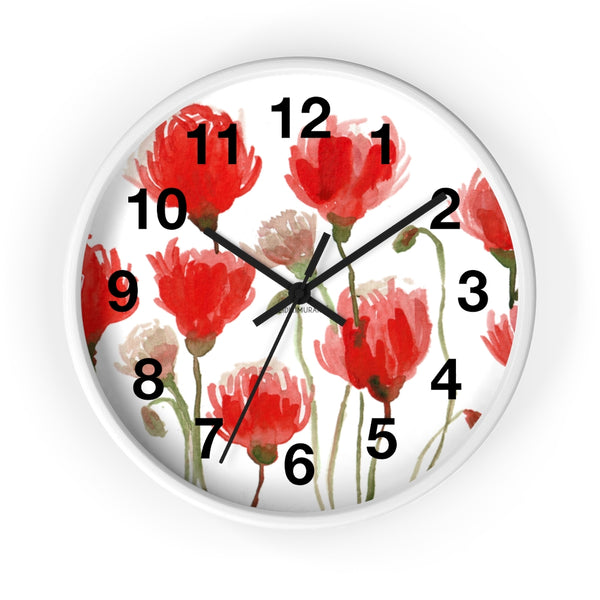 Red Poppy Floral Wall Clock,  Best Numeric Floral 10 inch Diameter Flower Wall Clock-Made in USA, Large Round Wood Girl Children Bedroom Wall Clock