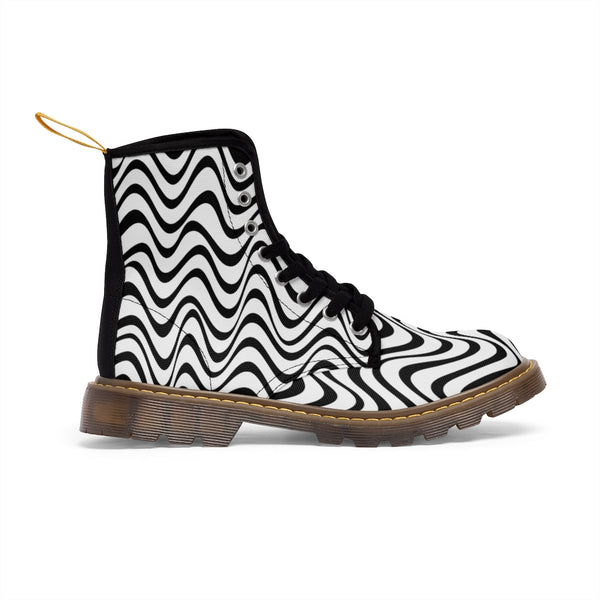 Wavy Women's Canvas Boots, Curvy Patterned Print Winter Boots For Ladies-Shoes-Printify-Heidi Kimura Art LLC Wavy Striped Women's Canvas Boots, Modern White Black Wavy Stripes Modern Essential Casual Fashion Hiking Boots, Canvas Hiker's Shoes For Mountain Lovers, Stylish Premium Combat Boots, Designer Women's Winter Lace-up Toe Cap Hiking Boots Shoes For Women (US Size 6.5-11)