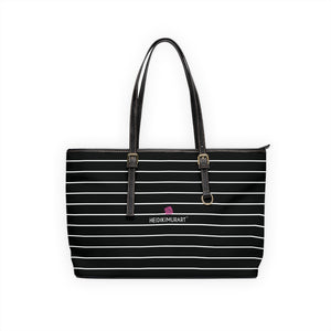 Black Stripes Best Tote Bag, Black and White Striped PU Leather Shoulder Large Spacious Durable Hand Work Bag 17"x11"/ 16"x10" With Gold-Color Zippers & Buckles & Mobile Phone Slots & Inner Pockets, All Day Large Tote Luxury Best Sleek and Sophisticated Cute Work Shoulder Bag For Women With Outside And Inner Zippers
