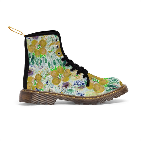 Yellow Floral Women's Canvas Boots-Shoes-Printify-Heidi Kimura Art LLC Yellow Floral Women's Canvas Boots, Flower Print Vintage Style Modern Essential Casual Fashion Hiking Boots, Canvas Hiker's Shoes For Mountain Lovers, Stylish Premium Combat Boots, Designer Women's Winter Lace-up Toe Cap Hiking Boots Shoes For Women (US Size 6.5-11)