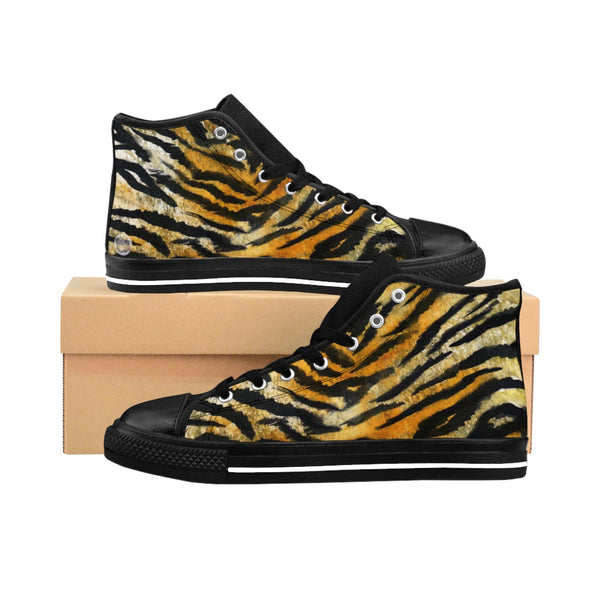 Orange Tiger Stripe Mens' Hip Tops, Animal Print Designer Men's High Top Sneakers Shoes-Men's Low Top Sneakers-US 9-Heidi Kimura Art LLC