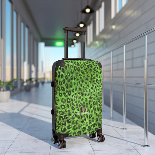 Green Leopard Print Cabin Suitcase, Animal Print Designer Carry On Polycarbonate Front and Hard-Shell Durable Small 1-Size Carry-on Luggage With 2 Inner Pockets & Built in Lock With 4 Wheel 360° Swivel and Adjustable Telescopic Handle - Made in USA/UK (Size: 13.3" x 22.4" x 9.05", Weight: 7.5 lb) Unique Cute Carry-On Best Personal Travel Bag Custom Luggage - Gift For Him or Her 